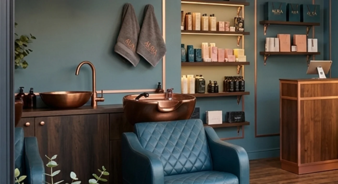 Salon Beauté — espace accueil ambiance cuivre rosé