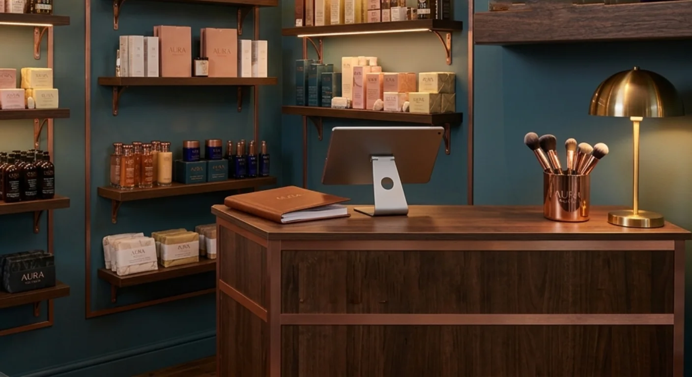 Salon Beauté — coin détail finitions cuivre